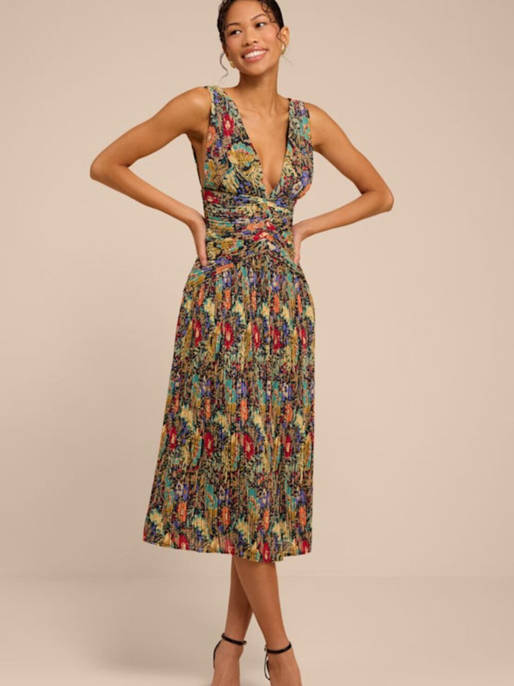 Lulus Kelina Black Multi Floral Pleated Drop Waist Midi Dress - Size L